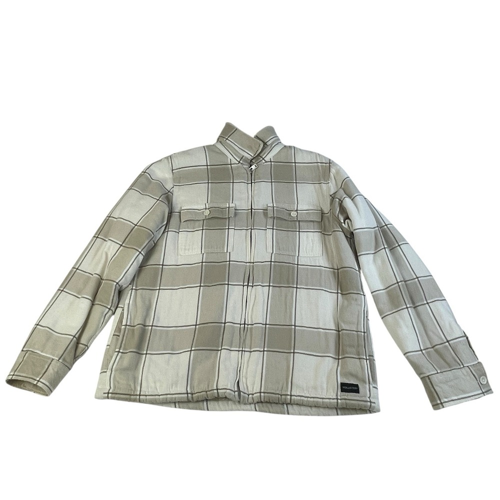 Hollister Sherpa Lined Plaid Beige Jacket Medium Zip Front Cozy Shacket